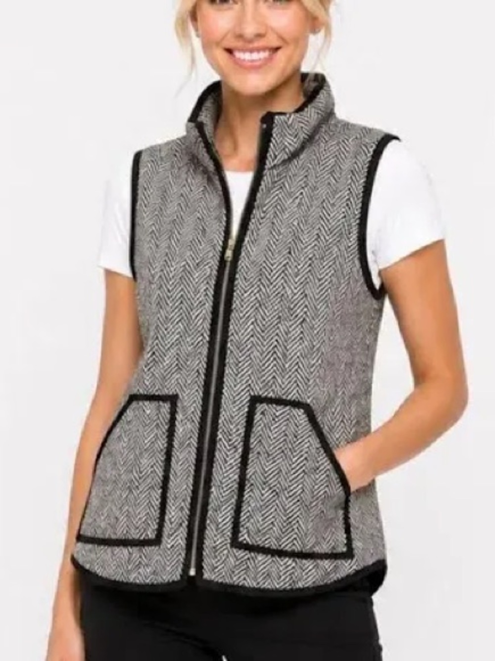 J. Crew Black & White Herringbone Zip Vest